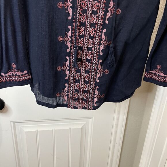 Lucky Brand Navy Blue Embroidered Boho Cottage Tassel Top Womens Size XS - Picture 3 of 7